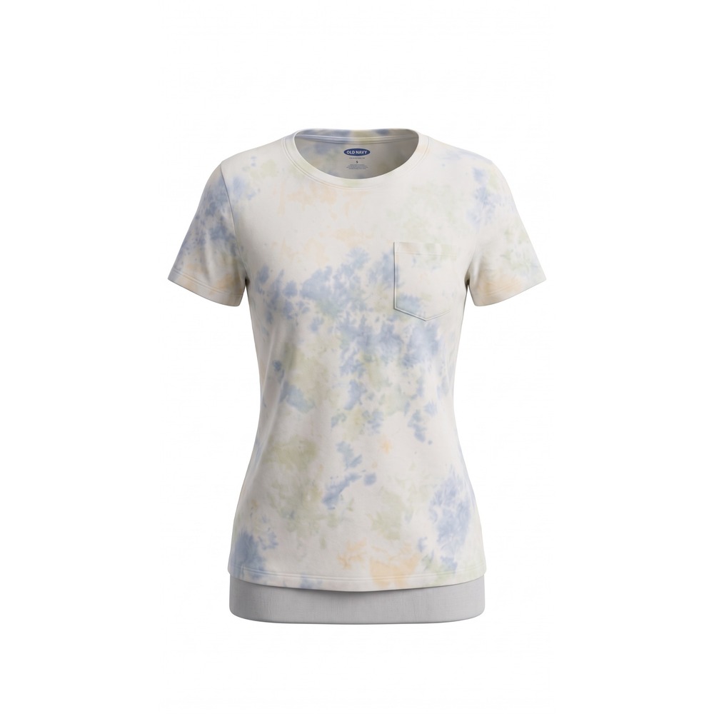 Old Navy Womens XXL Tie Dye Pocket T-Shirt Pastel Blue Yellow Cotton Crew Neck